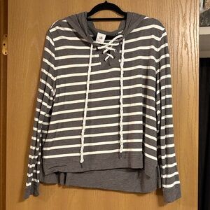 CAbi Charcoal and White Striped Women's Hooded Sweatshirt